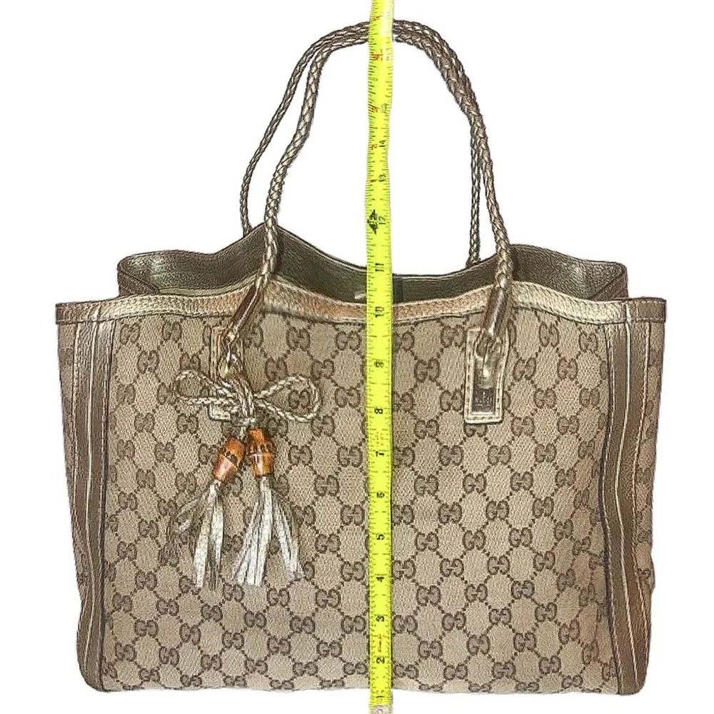 GUCCI Bella GG Canvas Leather Shoulder Bag Braided Leather Strap Bamboo Tassel